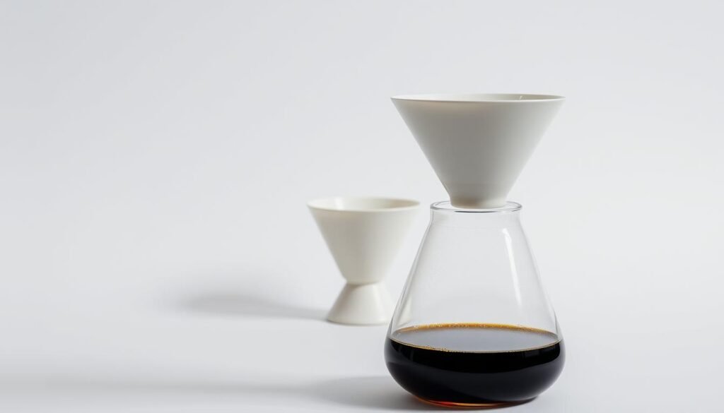 A minimalist still life composition showcasing the perfect water-to-coffee ratio. In the foreground, a pristine glass carafe filled with freshly brewed coffee, its rich, dark hue contrasting against the clarity of the water. In the middle ground, a simple white ceramic dripper, its conical shape mirroring the curve of the carafe. The background features a clean, neutral surface, allowing the central elements to take center stage. Soft, diffused lighting casts gentle shadows, emphasizing the textures and creating a sense of depth. The overall mood is one of simplicity, precision, and the artistry of crafting the perfect cup of coffee.