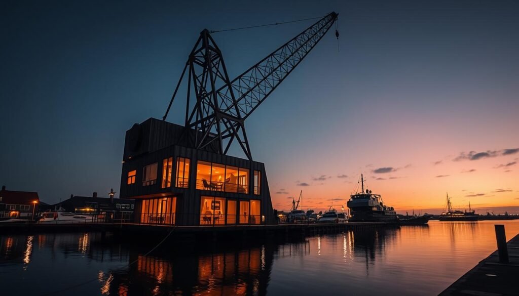 Dockside Crane Hotel, Harlingen, Holanda: um hotel caprichoso dentro de um guindaste industrial desativado, disparado ao entardecer com iluminação mal -humorada. Impor a estrutura de metal sobe contra um céu escuro, refletido nas águas paradas do porto. O brilho âmbar quente emana das janelas do guindaste, sugerindo as acomodações aconchegantes e únicas. O ângulo cinematográfico abrangente captura a escala dramática completa dessa maravilha arquitetônica única, uma justaposição impressionante dos elementos industriais e de hospitalidade. Dockside Crane Hotel, Harlingen, Holanda: um hotel caprichoso dentro de um guindaste industrial desativado, disparado ao entardecer com iluminação mal -humorada. Impor a estrutura de metal sobe contra um céu escuro, refletido nas águas paradas do porto. O brilho âmbar quente emana das janelas do guindaste, sugerindo as acomodações aconchegantes e únicas. O ângulo cinematográfico abrangente captura a escala dramática completa dessa maravilha arquitetônica única, uma justaposição impressionante dos elementos industriais e de hospitalidade.