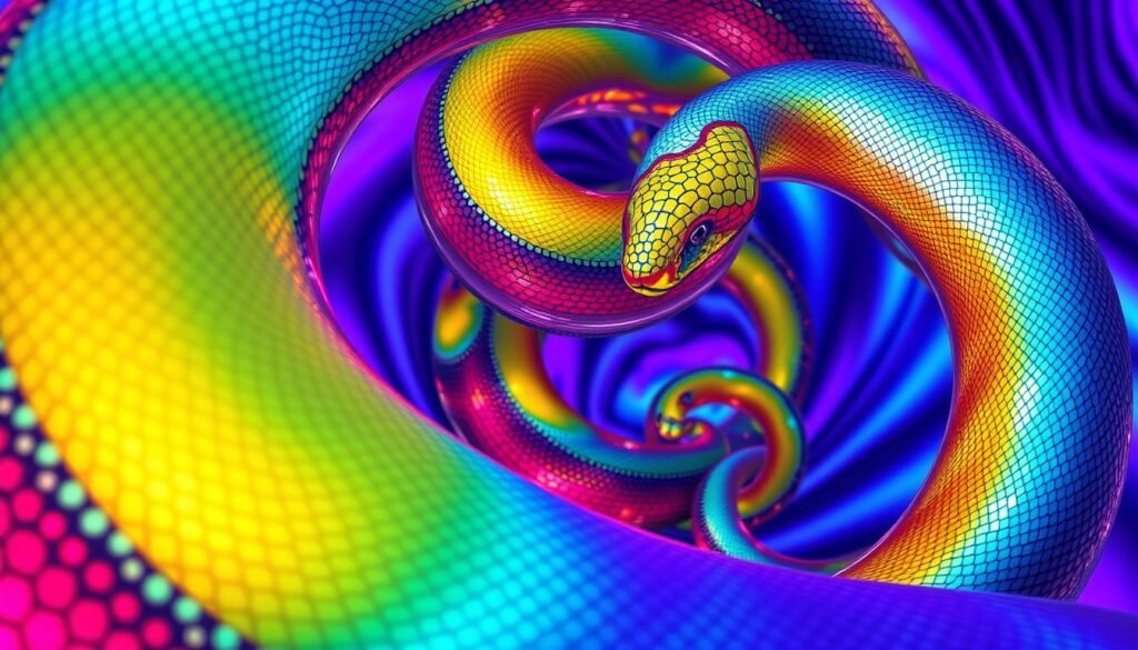 Espirais serpentinas, uma dança hipnótica de linhas de enrolamento. Uma cena vibrante e cintilante com serpente giratórias, cobras torcendo e girando uma ilusão de ótica cativante. As formas onduladas parecem se mover e se contorcer, mas a imagem permanece estática, desafiando a percepção do espectador. Cores e padrões contrastantes criam um efeito hipnotizante e quase psicodélico, como se as cobras estivessem vivas e deslizando pelo quadro. Detalhes nítidos e de alta resolução e texturas realistas dão vida à ilusão, convidando o observador a olhar mais profundamente e desvendar o mistério dessas serpentes hipnotizantes.
