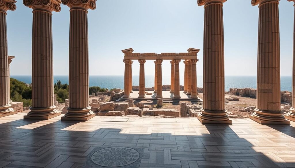 Os pilares de mármore colossal com capitais coríntios ornamentados são de alto, suas intrincadas folhas de acanto e volutas lançando sombras intrincadas na luz mediterrânea quente. Em primeiro plano, um piso de mosaico mostra padrões geométricos, sugerindo a magnificência arquitetônica de um templo grego antigo. O meio termo revela as ruínas de uma grande estrutura, suas colunas e pedimes desgastados um testemunho da ingenuidade do design clássico grego. À distância, as águas azuis do mar do mar Egeu brilham, conectando esse sítio arqueológico ao mundo mais amplo da civilização helenística. Uma atmosfera de grandeza atemporal e exploração acadêmica permeia a cena, convidando o espectador a imaginar as mentes brilhantes que já percorreram esses motivos sagrados.