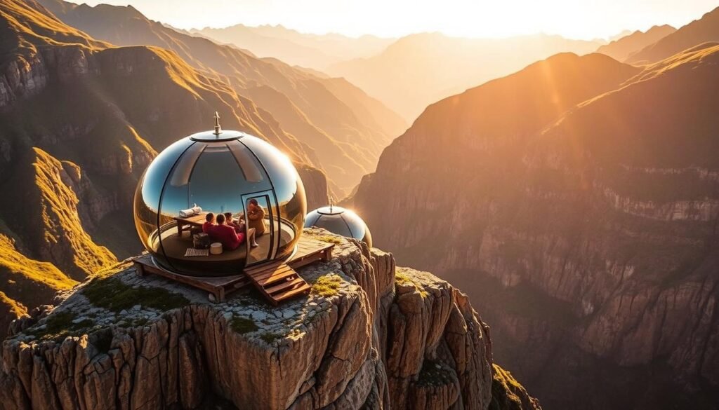 Skylodge Adventure Suites, Peru: cápsulas dramáticas de vidro de penhasco suspensas em meio a uma luxuriante paisagem montanhosa andina, banhadas em luz dourada quente. O design moderno elegante combina perfeitamente com um ambiente natural robusto. Os hóspedes desfrutam de vistas panorâmicas incomparáveis de suas moradas transparentes elevadas. Skylodge Adventure Suites, Peru: cápsulas dramáticas de vidro de penhasco suspensas em meio a uma luxuriante paisagem montanhosa andina, banhadas em luz dourada quente. O design moderno elegante combina perfeitamente com um ambiente natural robusto. Os hóspedes desfrutam de vistas panorâmicas incomparáveis de suas moradas transparentes elevadas.