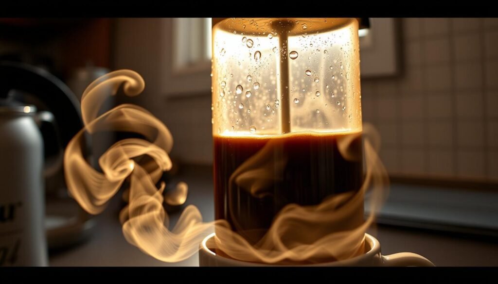 Um acolhedor balcão de cozinha, o sol da manhã filtrando pela janela, lançando um brilho quente em uma prensa francesa cheia de café recém -fabricado. Gotas de água cristalina na superfície da jarra, refletindo o vapor rico e aromático que se eleva do copo. Os redemoinhos de vapor, criando uma dança etérea e fino, sugerindo a temperatura perfeita para beber. A cena exala uma sensação de tranquilidade e atenção plena, convidando o espectador a saborear o momento e apreciar a arte de criar a xícara de café perfeita.