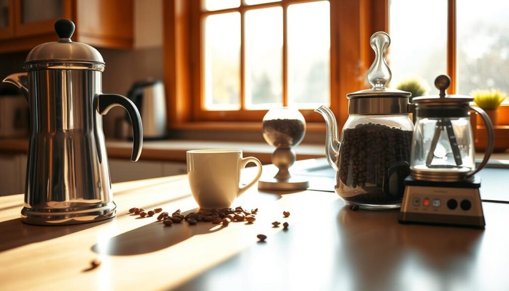 Um aconchegante balcão de cozinha, banhado em luz quente e natural de uma grande janela. Na superfície, uma variedade de itens essenciais para fabricação de café: uma cafet de aço inoxidável reluzente, uma caneca de cerâmica e uma jarra de vidro cheia de grãos de café moídos na hora. Nas proximidades, uma pequena escala e uma chaleira de água suavemente fumegante, sugerindo a arte precisa de fabricar o copo perfeito. A atmosfera é de tranquilidade e foco, convidando o espectador a mergulhar nos fundamentos da elaboração de uma deliciosa experiência caseira de café.