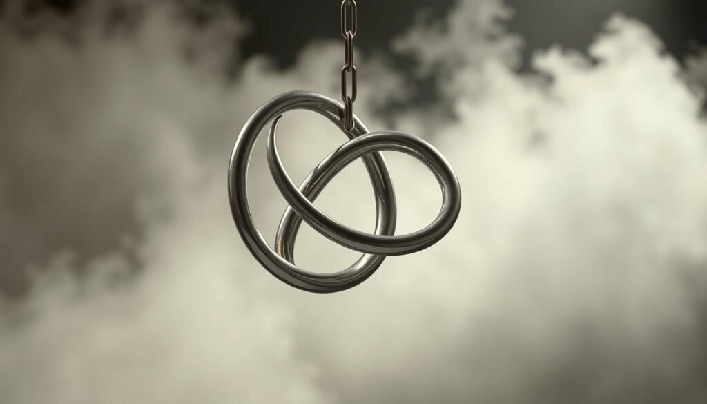 Um blette metálico tríplice, flutuando em um ambiente surreal e onírico. A forma impossivelmente distorcida desafia a lógica, parecendo dobrar e desafiar as leis da física. A iluminação suave e suave lança sombras suaves, enfatizando a ilusão de ótica. O Blivet é o único foco, isolado contra um cenário nebuloso e etéreo que obscurece a distinção entre realidade e imaginação. O humor geral é de admiração e dissonância cognitiva, convidando o espectador a questionar a natureza da percepção.