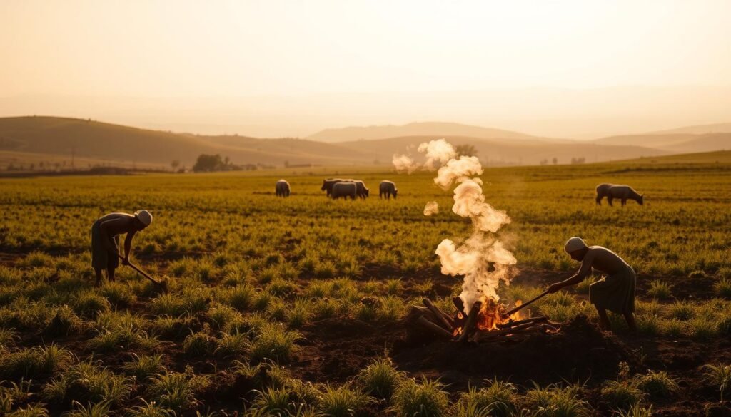 Um campo agrícola verdejante, banhado em luz quente e dourada. Em primeiro plano, os agricultores cuidadosamente tendem a suas colheitas, usando ferramentas primitivas para retirar o solo e semear as sementes. A fumaça onda de um pequeno incêndio controlado, à medida que eles limpam e preparam a terra para o plantio. No meio termo, um rebanho de animais domesticados - talvez ovelhas ou cabras - pasta pacificamente, sua presença dócil um testemunho do progresso da cooperação humana -animal. O fundo é uma vista panorâmica de colinas e um horizonte nebuloso e distante, evocando uma sensação de atemporalidade e a relação duradoura entre a humanidade e a terra. A cena geral transmite o papel fundamental do fogo no início da agricultura e a domesticação dos animais, um momento transformador na história da civilização humana. Um campo agrícola verdejante, banhado em luz quente e dourada. Em primeiro plano, os agricultores cuidadosamente tendem a suas colheitas, usando ferramentas primitivas para retirar o solo e semear as sementes. A fumaça onda de um pequeno incêndio controlado, à medida que eles limpam e preparam a terra para o plantio. No meio termo, um rebanho de animais domesticados - talvez ovelhas ou cabras - pasta pacificamente, sua presença dócil um testemunho do progresso da cooperação humana -animal. O fundo é uma vista panorâmica de colinas e um horizonte nebuloso e distante, evocando uma sensação de atemporalidade e a relação duradoura entre a humanidade e a terra. A cena geral transmite o papel fundamental do fogo no início da agricultura e a domesticação dos animais, um momento transformador na história da civilização humana.