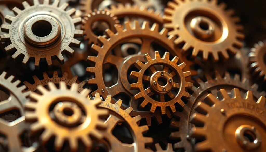 Um conjunto de engrenagens finamente criadas, seus dentes intrincados e engrenagens meticulosamente renderizadas em um acabamento de metal quente e envelhecido. As engrenagens são organizadas em uma composição dinâmica, quase coreografada, sugerindo os complexos mecanismos de um computador analógico antigo. A iluminação quente e direcional lança sombras dramáticas, acentuando a profundidade e a textura das engrenagens. A cena é capturada com um enquadramento apertado e close, chamando a atenção do espectador para os complexos detalhes e proezas de engenharia deste notável dispositivo de 2.000 anos. Uma atmosfera de reverência e curiosidade científica permeia a imagem, convidando o espectador a refletir sobre as mentes engenhosas que criaram essa peça notável da tecnologia antiga.