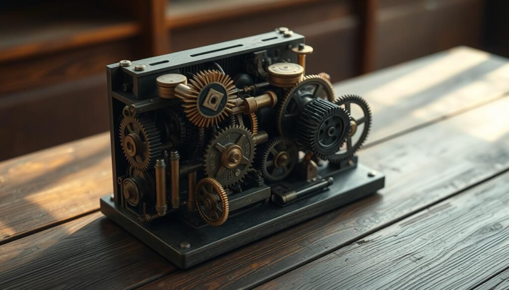 Um dispositivo mecânico vintage, engrenagens intrincadas e componentes de latão, descansando em uma mesa de madeira desgastada. A iluminação macia e quente ilumina o complexo funcionamento interno do dispositivo, fundindo sombras que revelam seu design intrincado. A atmosfera geral é de artesanato antigo e investigação científica, evocando a época em que esse notável computador analógico foi construído pela primeira vez. A composição coloca o dispositivo em primeiro plano, com um fundo simples e organizado, permitindo que ele seja o foco central. A renderização precisa e detalhada captura a precisão técnica e o significado histórico desse dispositivo de computação precoce inovador.