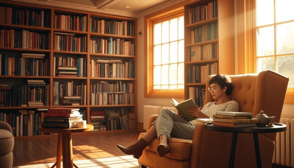 Um estudo aconchegante e bem iluminado, com uma poltrona grande e convidativa e uma pequena mesa lateral segurando uma pilha de livros. A sala possui iluminação quente e natural filtrando por grandes janelas, lançando um brilho macio e dourado. Na poltrona, uma pessoa está profundamente imersa em um livro, seu rosto iluminado pela luz suave. O fundo apresenta uma estante de livros cheia de uma coleção diversificada de volumes, sugerindo um amor pela leitura. A atmosfera geral é de tranquilidade, foco e a alegria de se perder nas páginas de um bom livro.