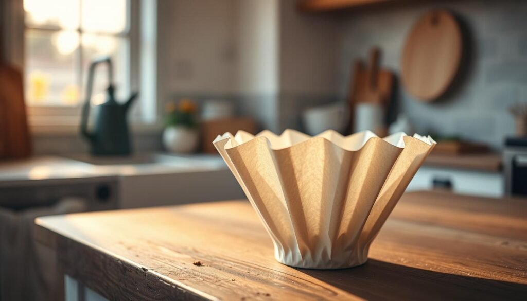 Um filtro de café de papel bem organizado que apoia uma bancada de madeira simples, banhada em iluminação natural e quentes filtrando através de uma janela próxima. As dobras nítidas do filtro pegam a luz, mostrando sua elegância funcional. No fundo, dicas sutis de uma configuração de cozinha minimalista criam uma atmosfera serena e organizada, permitindo que o filtro de café tomasse o centro do palco como protagonista dessa composição artística de natureza morta.
