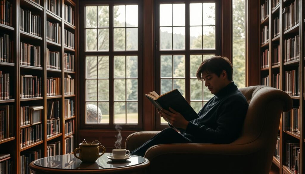 Um interior acolhedor da biblioteca com iluminação quente e estantes de madeira ricas e de madeira que revestem as paredes. Em primeiro plano, uma pessoa fica confortavelmente em uma poltrona macia, absorvida em um livro, seu rosto meio obscurecido em sombra. Na mesa lateral, uma caneca de chá fumegante e um par de copos de leitura. O fundo apresenta uma grande janela com vista para uma cena externa verde e exuberante, criando uma sensação de tranquilidade e conexão com a natureza. A atmosfera geral é de contemplação silenciosa e a alegria da leitura profunda e imersiva.