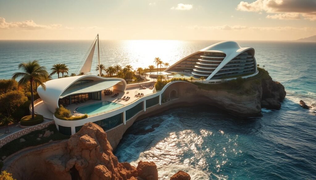 Um magnífico resort de cruzeiro solar no topo de um penhasco dramático, com vista para a vasta extensão do oceano. O impressionante design arquitetônico do resort combina perfeitamente com a paisagem natural, criando uma harmonia visual cativante. A luz solar dança nas fachadas modernas e elegantes, lançando tons quentes e dourados que refletem nas águas brilhantes abaixo. Jardins exuberantes e verdejantes e palmeiras gentilmente balançando a cena, evocando uma sensação de tranquilidade e fuga. Convidando os espectadores para descobrir este destino único. Um magnífico resort de cruzeiro solar no topo de um penhasco dramático, com vista para a vasta extensão do oceano. O impressionante design arquitetônico do resort combina perfeitamente com a paisagem natural, criando uma harmonia visual cativante. A luz solar dança nas fachadas modernas e elegantes, lançando tons quentes e dourados que refletem nas águas brilhantes abaixo. Jardins exuberantes e verdejantes e palmeiras gentilmente balançando a cena, evocando uma sensação de tranquilidade e fuga. Convidando os espectadores para descobrir este destino único.