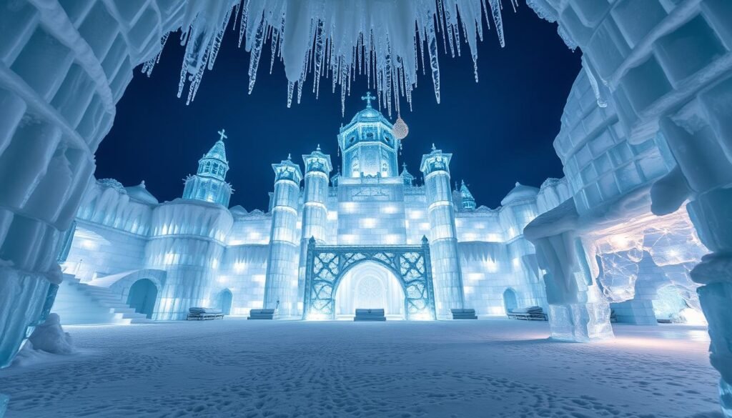 Um majestoso palácio de gelo sobe da paisagem intocada e coberta de neve, sua arquitetura intrincada e cristalina que brilhava sob a iluminação suave e difusa da noite do Ártico. Blocos maciços de gelo translúcido formam as paredes, pisos e móveis, criando um ambiente de tirar o fôlego e sobrenatural. Os pingentes de galhos pendurados nos tetos abobadados, lançando um brilho mágico em todo o espaço. Este é o IceHotel, uma maravilha de engenharia e design que é reconstruída a cada inverno, oferecendo uma experiência de hospedagem verdadeiramente única e inesquecível. Um majestoso palácio de gelo sobe da paisagem intocada e coberta de neve, sua arquitetura intrincada e cristalina que brilhava sob a iluminação suave e difusa da noite do Ártico. Blocos maciços de gelo translúcido formam as paredes, pisos e móveis, criando um ambiente de tirar o fôlego e sobrenatural. Os pingentes de galhos pendurados nos tetos abobadados, lançando um brilho mágico em todo o espaço. Este é o IceHotel, uma maravilha de engenharia e design que é reconstruída a cada inverno, oferecendo uma experiência de hospedagem verdadeiramente única e inesquecível.