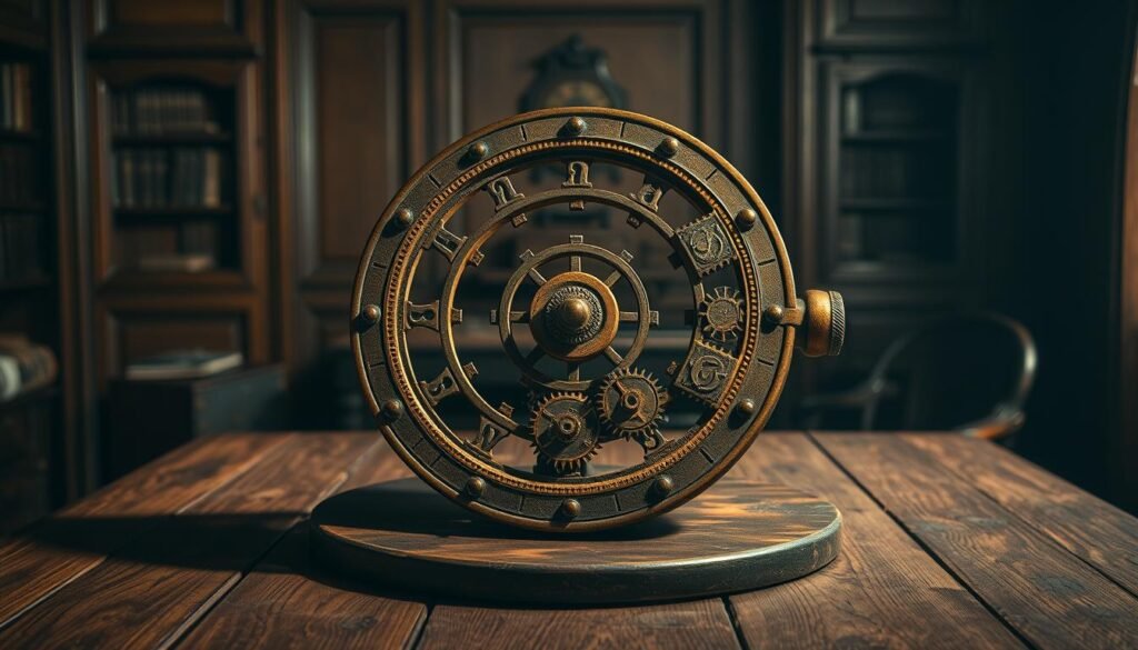 Um mecanismo antigo detalhado composto por um anel de bronze circular com engrenagens e engrenagens complexas, representando o debate entre o calendário lunar de 354 dias e o calendário solar de 365 dias. O dispositivo fica em uma mesa de madeira desgastada, banhada em iluminação quente e direcional que lança longas sombras, criando um senso de idade e exame acadêmico. O pano de fundo é um estudo mal iluminado e com painéis de madeira, sugerindo o contexto histórico e a busca acadêmica de entender esse notável artefato tecnológico da antiguidade.