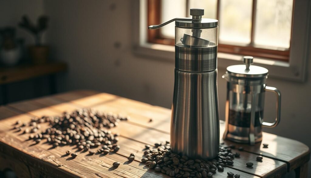 Um moedor de café de metal elegante e escovado fica no topo de uma mesa de madeira rústica, cercada por grãos de café recém -assados e uma prensa francesa de vidro. A iluminação suave e direcional de uma grande janela lança sombras quentes, destacando o intrincado funcionamento interno do moedor. Os feijões são distribuídos uniformemente, prontos para serem precisamente movidos para a grosseria ideal para uma bebida perfeita e encorpada. A cena exala um senso de artesanato artesanal e atenção aos detalhes, capturando perfeitamente a essência do "escolendo os grãos e um miagem ideal" seção.