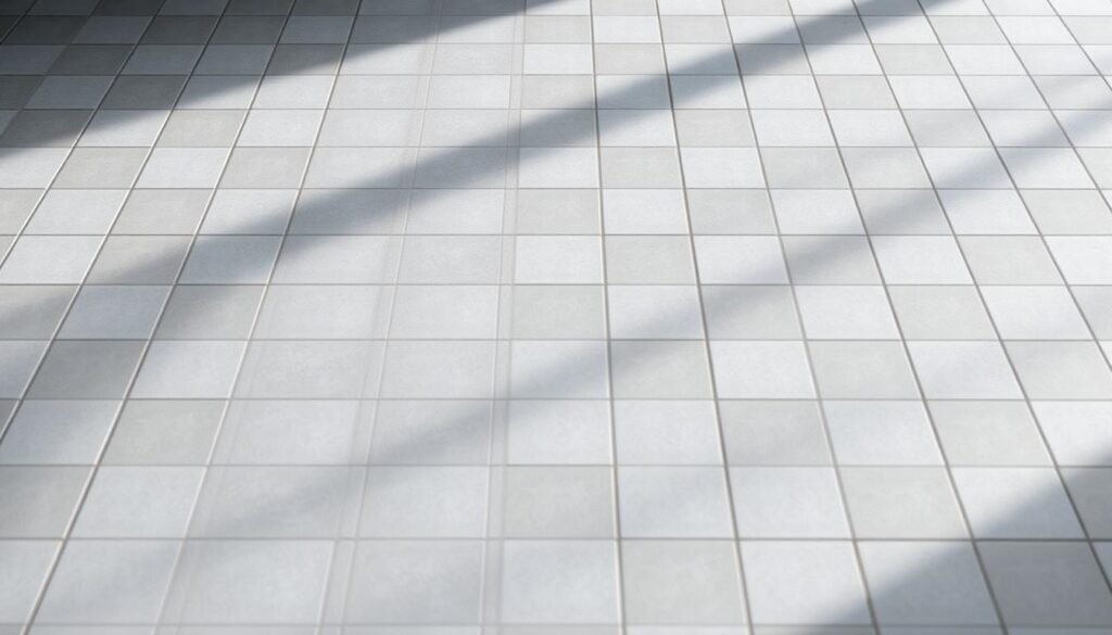 Um padrão de quadro de xadrez cinza e branco preenche a estrutura, com iluminação macia e difusa sombras sutis na superfície. Os ladrilhos parecem planos e foscos, com uma ligeira variação na sombra, criando a ilusão de profundidade. A atmosfera geral é de simplicidade e minimalismo, concentrando a atenção do espectador na interação de luz e sombra. O ângulo da câmera é ligeiramente elevado, proporcionando uma visão panorâmica da cena e enfatizando o padrão geométrico. O plano de fundo é um ambiente neutro e de foco suave, permitindo que o quadro de damas seja o único foco da imagem.