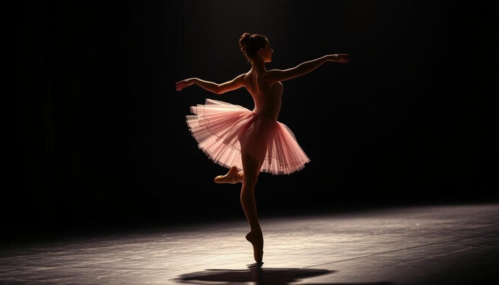Uma bailarina graciosa realizando um arabesco gracioso em um estágio pouco iluminado, com iluminação suave das asas lançando sombras dramáticas em sua forma elegante. Sua fantasia é uma saia de tule e collant em tons de rosa, e seus movimentos são fluidos e controlados. O pano de fundo é borrado, com dicas de uma cortina ou cenário, permitindo que o foco permaneça no desempenho hipnotizante da dançarina. A composição é inclinada ligeiramente para criar um senso de movimento e dinamismo, e o humor geral é de beleza, arte e poder do corpo humano em movimento.