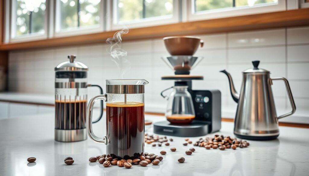 Uma bancada elegante e moderna da cozinha, com uma variedade de equipamentos de fabricação de café, dispostos ordenadamente. Em primeiro plano, uma prensa francesa de vidro estilizada cheia de café recém -fabricado, o vapor subindo suavemente. Ao lado, uma jarra de alcatra de leite de metal e um moedor de rebarbas com vários grãos de café inteiros. No meio termo, uma configuração de café com um gotejador de cerâmica, escala e chaleira pescoço. O fundo possui um backsplash de azulejos limpos e brancos e iluminação natural, fluindo através de grandes janelas, criando uma atmosfera acolhedora e convidativa. A cena transmite um senso de experiência e atenção aos detalhes na arte da fabricação de café.