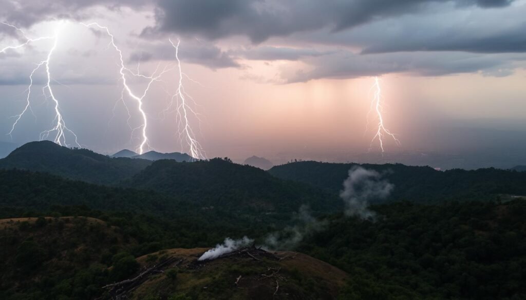 Uma cena aérea dramática de raios greves na paisagem brasileira. Em primeiro plano, os parafusos irregulares de eletricidade estalam através do céu nublado, iluminando o terreno acidentado abaixo. No meio termo, as colinas e as densas florestas são pontilhadas com as consequências do impacto do raio - terra escalada, árvores derrubadas e fumaça ondulante. O fundo desaparece em um horizonte nebuloso, sugerindo a vasta escala desse fenômeno natural. A iluminação é sombria e dramática, lançando longas sombras e criando uma sensação de poder e admiração. O ângulo da câmera é um pouco elevado, dando uma perspectiva abrangente que captura todo o escopo dos efeitos do Lightning no ambiente brasileiro.