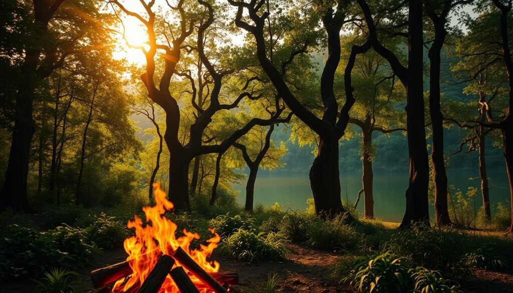 Uma cena da floresta exuberante e verdejante banhada à luz solar quente e dourada. Em primeiro plano, uma fogueira estrondosa estalando, suas chamas lançando um brilho fascinante na folhagem circundante. Árvores imponentes com troncos grossos e torcidos e coberturas exuberantes formam o meio termo, suas folhas farfalhando suavemente em uma brisa macia. No fundo, um lago sereno reflete a cena, sua superfície espelhada criando uma sensação de tranquilidade. A atmosfera geral transmite o delicado equilíbrio entre o poder do fogo e a beleza do ambiente natural, mostrando seu relacionamento entrelaçado. Uma cena da floresta exuberante e verdejante banhada à luz solar quente e dourada. Em primeiro plano, uma fogueira estrondosa estalando, suas chamas lançando um brilho fascinante na folhagem circundante. Árvores imponentes com troncos grossos e torcidos e coberturas exuberantes formam o meio termo, suas folhas farfalhando suavemente em uma brisa macia. No fundo, um lago sereno reflete a cena, sua superfície espelhada criando uma sensação de tranquilidade. A atmosfera geral transmite o delicado equilíbrio entre o poder do fogo e a beleza do ambiente natural, mostrando seu relacionamento entrelaçado.