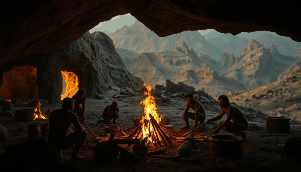 Uma cena detalhada do desenvolvimento tecnológico do fogo, uma fogueira em primeiro plano com ferramentas e implementos primitivos ao redor, figuras sombrias de humanos primitivos reunidos ao redor, vagamente iluminados pelas chamas tremeluzentes, no centro uma entrada de caverna ou abrigo primitivo, ao fundo uma paisagem montanhosa e acidentada banhada por uma iluminação suave e quente, transmitindo uma sensação do alvorecer da civilização humana e do poder transformador dessa antiga descoberta Uma cena detalhada do desenvolvimento tecnológico do fogo, uma fogueira em primeiro plano com ferramentas e implementos primitivos ao redor, figuras sombrias de humanos primitivos reunidos ao redor, vagamente iluminados pelas chamas tremeluzentes, no centro uma entrada de caverna ou abrigo primitivo, ao fundo uma paisagem montanhosa e acidentada banhada por uma iluminação suave e quente, transmitindo uma sensação do alvorecer da civilização humana e do poder transformador dessa antiga descoberta