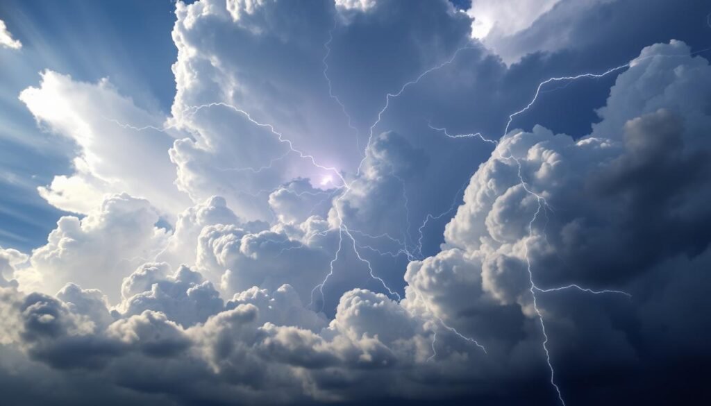 Uma cena dramática de trovoadas se desenrolando no céu. Nuvens de cumulonimbus imponentes, seus topos iluminados pelo sol, estica -se em direção aos céus. Gabilas em ziguezagues de raios estalarem e ramificarem a cena, sua brilhante luz azul branca, pintando momentaneamente as profundezas sombrias das nuvens. Os eixos de luz solar rompem, lançando um brilho etéreo e criando contrastes fortes. A atmosfera é carregada de eletricidade, uma energia palpável à medida que a energia bruta da natureza se manifesta diante do espectador. Capturado com uma lente grande angular para enfatizar a escala e a grandeza do espetáculo natural.