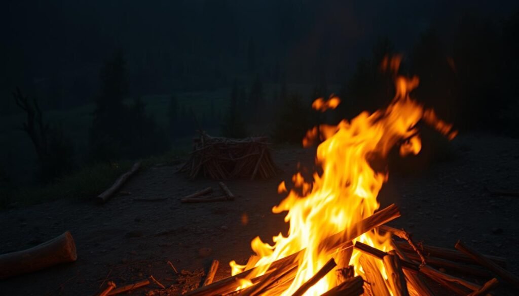 Uma cena robusta do deserto, com uma fogueira rugindo em primeiro plano, lançando um brilho quente e tremeluzente pela paisagem. No meio termo, um abrigo humano primitivo, talvez uma simples cabana ou uma cabana bruta, sugerindo o papel do incêndio em fornecer abrigo e proteção. No fundo, uma floresta densa e indomável, sugerindo os desafios e perigos que o incêndio ajuda as pessoas a superar. A iluminação é dramática, com sombras profundas e destaques enfatizando a natureza crua e primordial do fogo e sua importância central para a sobrevivência humana. O humor geral é de resiliência, ingenuidade e espírito indomável da humanidade precoce, pois aproveitam o poder do fogo para prosperar em um ambiente severo e implacável. Uma cena robusta do deserto, com uma fogueira rugindo em primeiro plano, lançando um brilho quente e tremeluzente pela paisagem. No meio termo, um abrigo humano primitivo, talvez uma simples cabana ou uma cabana bruta, sugerindo o papel do incêndio em fornecer abrigo e proteção. No fundo, uma floresta densa e indomável, sugerindo os desafios e perigos que o incêndio ajuda as pessoas a superar. A iluminação é dramática, com sombras profundas e destaques enfatizando a natureza crua e primordial do fogo e sua importância central para a sobrevivência humana. O humor geral é de resiliência, ingenuidade e espírito indomável da humanidade precoce, pois aproveitam o poder do fogo para prosperar em um ambiente severo e implacável.