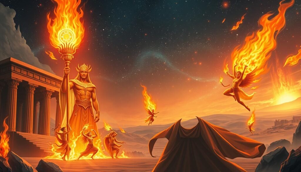 Uma cena vibrante de divindades de bombeiros mitológicas, seus corpos em chamas com chamas sobrenatanas, em um cenário de arquitetura antiga e paisagens celestes. Em primeiro plano, uma figura imponente empunhando um cetro ardente, seus olhos brilhando com poder místico. No meio termo, figuras menores se envolveram em danças ritualísticas, as chamas lambendo seus membros. O fundo mostra um vasto céu estrelado, com corpos celestes e fenômenos cósmicos sugerindo a profunda conexão ancestral entre fogo e divino. A iluminação suave e quente ilumina a cena, criando uma sensação de reverência e admiração. A atmosfera geral evoca o profundo papel do fogo na formação da cultura humana e da mitologia. Uma cena vibrante de divindades de bombeiros mitológicas, seus corpos em chamas com chamas sobrenatanas, em um cenário de arquitetura antiga e paisagens celestes. Em primeiro plano, uma figura imponente empunhando um cetro ardente, seus olhos brilhando com poder místico. No meio termo, figuras menores se envolveram em danças ritualísticas, as chamas lambendo seus membros. O fundo mostra um vasto céu estrelado, com corpos celestes e fenômenos cósmicos sugerindo a profunda conexão ancestral entre fogo e divino. A iluminação suave e quente ilumina a cena, criando uma sensação de reverência e admiração. A atmosfera geral evoca o profundo papel do fogo na formação da cultura humana e da mitologia.
