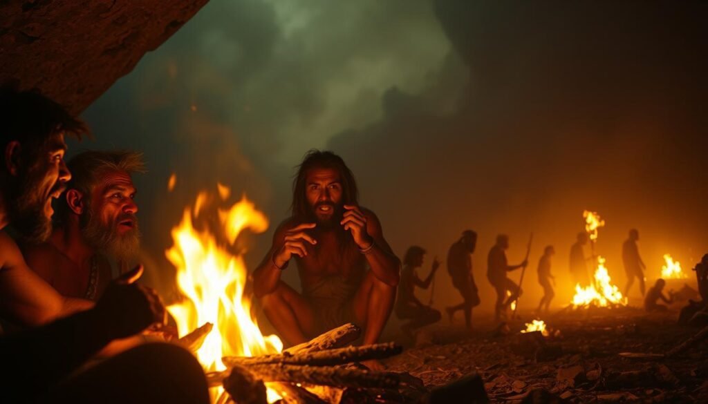 Uma cena visualmente marcante que descreve a evolução da comunicação humana através das lentes do fogo. Em primeiro plano, uma fogueira primitiva ilumina os rostos dos primeiros humanos envolvidos em discussões animadas, seus gestos e expressões capturados em detalhes vívidos. O meio termo apresenta uma sucessão de métodos de comunicação em evolução - dos sinais de fumaça a símbolos escritos primitivos gravados nas paredes das cavernas. No fundo nebuloso, uma montagem de tecnologias icônicas de comunicação se desenrola, desde a invenção da imprensa até a paisagem digital moderna. A cena é banhada em um brilho quente e dourado, evocando uma sensação de descoberta atemporal e a ligação inextricável entre o domínio do fogo da humanidade e nosso progresso social e intelectual coletivo. Uma cena visualmente marcante que descreve a evolução da comunicação humana através das lentes do fogo. Em primeiro plano, uma fogueira primitiva ilumina os rostos dos primeiros humanos envolvidos em discussões animadas, seus gestos e expressões capturados em detalhes vívidos. O meio termo apresenta uma sucessão de métodos de comunicação em evolução - dos sinais de fumaça a símbolos escritos primitivos gravados nas paredes das cavernas. No fundo nebuloso, uma montagem de tecnologias icônicas de comunicação se desenrola, desde a invenção da imprensa até a paisagem digital moderna. A cena é banhada em um brilho quente e dourado, evocando uma sensação de descoberta atemporal e a ligação inextricável entre o domínio do fogo da humanidade e nosso progresso social e intelectual coletivo.