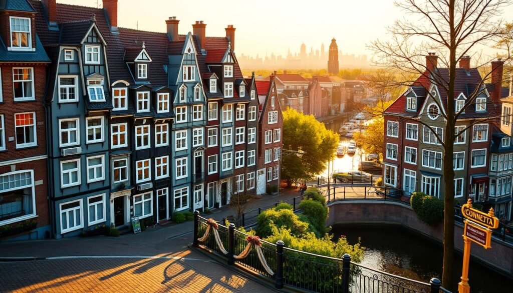 Uma coleção encantadora de 70 casas pitorescas e empilhadas, formando a fachada dos hotéis Intensh, Amsterdam Zaandam, um hotel peculiar e não convencional na Holanda. Os edifícios são pintados em uma variedade de tons de pastel, com detalhes arquitetônicos holandeses tradicionais, como telhados e acabamentos ornamentados. A cena é banhada em luz natural quente e dourada, criando uma atmosfera aconchegante e convidativa. Em primeiro plano, uma rua de paralelepípedos leva os olhos do espectador em direção à estrutura única. O meio termo apresenta vegetação exuberante e um canal calmo, enquanto o fundo mostra o horizonte histórico da cidade. Este design visualmente impressionante e imaginativo oferece uma experiência de hotel verdadeiramente memorável. Uma coleção encantadora de 70 casas pitorescas e empilhadas, formando a fachada dos hotéis Intensh, Amsterdam Zaandam, um hotel peculiar e não convencional na Holanda. Os edifícios são pintados em uma variedade de tons de pastel, com detalhes arquitetônicos holandeses tradicionais, como telhados e acabamentos ornamentados. A cena é banhada em luz natural quente e dourada, criando uma atmosfera aconchegante e convidativa. Em primeiro plano, uma rua de paralelepípedos leva os olhos do espectador em direção à estrutura única. O meio termo apresenta vegetação exuberante e um canal calmo, enquanto o fundo mostra o horizonte histórico da cidade. Este design visualmente impressionante e imaginativo oferece uma experiência de hotel verdadeiramente memorável.