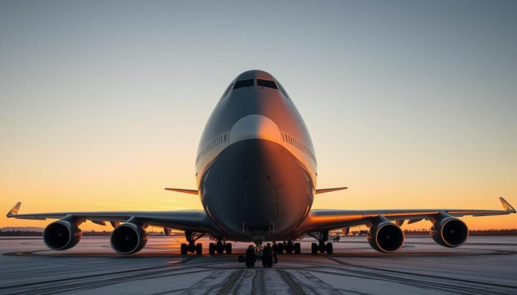 Uma enorme aeronave Boeing 747, sua elegante fuselagem prateada brilhando à luz dourada e macia de um pôr do sol nórdico. O icônico jumbo jumbo, estacionado em uma pista remota, cercada por uma paisagem serena e em pó de neve. Convidando os passageiros a entrar e experimentar o "Jumbo Stay" Hotel, onde eles podem desfrutar de uma acomodação única no interior aconchegante e luxuoso do jato reaproveitado. A cena evoca uma sensação de admiração e aventura, capturando perfeitamente a essência deste extraordinário destino de viagem. Uma enorme aeronave Boeing 747, sua elegante fuselagem prateada brilhando à luz dourada e macia de um pôr do sol nórdico. O icônico jumbo jumbo, estacionado em uma pista remota, cercada por uma paisagem serena e em pó de neve. Convidando os passageiros a entrar e experimentar o "Jumbo Stay" Hotel, onde eles podem desfrutar de uma acomodação única no interior aconchegante e luxuoso do jato reaproveitado. A cena evoca uma sensação de admiração e aventura, capturando perfeitamente a essência deste extraordinário destino de viagem.