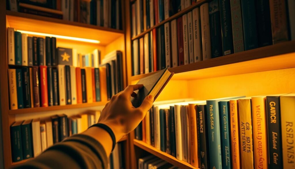 Uma estante de livros bem iluminada e convidada em uma acolhedora biblioteca doméstica, com a mão de uma pessoa pegando delicadamente um livro da seleção. A estante de livros apresenta uma mistura de livros de capa dura e brochura em várias cores e tamanhos, criando uma exibição visualmente atraente e organizada. A sala está cheia de iluminação macia e quente, lançando um brilho suave na cena, e o ângulo da câmera é ligeiramente inclinado para fornecer uma sensação de profundidade e perspectiva. O humor geral é de contemplação e a alegria de descobrir um novo livro para ler.
