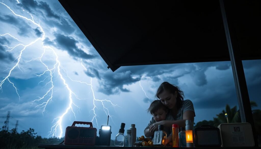 Uma família abriga de uma tempestade furiosa, parada sob uma estrutura resistente e à prova de raios. Em primeiro plano, uma mãe e um filho se amontoam, seus rostos iluminados pelos flashes intermitentes da luz. O meio termo possui uma coleção de suprimentos de emergência, incluindo lanternas, um rádio movido a bateria e um kit de primeiros socorros. No fundo, as nuvens escuras giram ameaçadoramente, com ferrolos irregulares de raios no céu. A cena transmite um senso de tensão e incerteza, mas também a garantia de estar em um ambiente seguro e protegido durante a altura da tempestade.