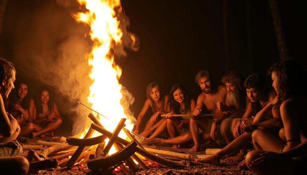 Uma fogueira acolhedora ilumina uma cena da organização social humana primitiva. Em primeiro plano, um grupo de pessoas se reúne em torno das chamas, envolvido em uma discussão animada e na passagem de alimentos e ferramentas. Seus rostos são lançados sob luz quente e tremeluzente, refletindo o papel central do fogo em suas vidas. No meio termo, outros indivíduos tendem ao fogo, alimentando as brasas e adicionando combustível fresco. O pano de fundo desaparece em uma floresta mal iluminada, sugerindo os desafios e oportunidades que a descoberta do fogo trouxe para essa comunidade antiga. A imagem transmite um senso de união, inovação e o profundo impacto dessa força elementar na evolução da sociedade humana. Uma fogueira acolhedora ilumina uma cena da organização social humana primitiva. Em primeiro plano, um grupo de pessoas se reúne em torno das chamas, envolvido em uma discussão animada e na passagem de alimentos e ferramentas. Seus rostos são lançados sob luz quente e tremeluzente, refletindo o papel central do fogo em suas vidas. No meio termo, outros indivíduos tendem ao fogo, alimentando as brasas e adicionando combustível fresco. O pano de fundo desaparece em uma floresta mal iluminada, sugerindo os desafios e oportunidades que a descoberta do fogo trouxe para essa comunidade antiga. A imagem transmite um senso de união, inovação e o profundo impacto dessa força elementar na evolução da sociedade humana.