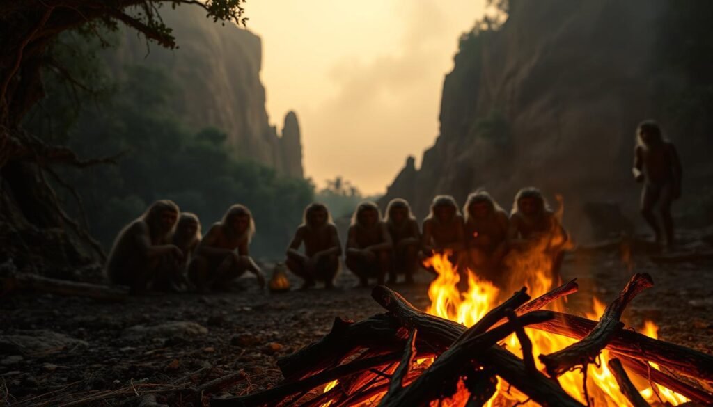 Uma fogueira primordial lança um brilho quente e tremeluzente em uma cena pré -histórica. Em primeiro plano, a madeira carbonizada e as brasas brilhantes sugerem o primeiro uso deliberado do fogo pelos primeiros humanos. Ao redor do fogo, um grupo de Homo erectus Huddle, seus rostos iluminados pelas chamas dançantes, olhando maravilhosamente e admiração. No meio termo, uma paisagem rochosa e rochosa se estende, com falésias altas e folhagem densa. O fundo está envolto em uma neblina suave e atmosférica, criando uma sensação de atemporalidade e mistério. A iluminação é dramática, com sombras profundas e destaques acentuando as texturas e detalhes da cena. Uma atmosfera íntima e primordial permeia a imagem, capturando a importante descoberta que mudaria para sempre o curso da história humana. Uma fogueira primordial lança um brilho quente e tremeluzente em uma cena pré -histórica. Em primeiro plano, a madeira carbonizada e as brasas brilhantes sugerem o primeiro uso deliberado do fogo pelos primeiros humanos. Ao redor do fogo, um grupo de Homo erectus Huddle, seus rostos iluminados pelas chamas dançantes, olhando maravilhosamente e admiração. No meio termo, uma paisagem rochosa e rochosa se estende, com falésias altas e folhagem densa. O fundo está envolto em uma neblina suave e atmosférica, criando uma sensação de atemporalidade e mistério. A iluminação é dramática, com sombras profundas e destaques acentuando as texturas e detalhes da cena. Uma atmosfera íntima e primordial permeia a imagem, capturando a importante descoberta que mudaria para sempre o curso da história humana.