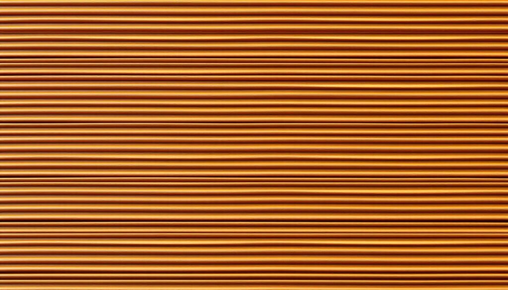 Uma imagem fotorrealista de alto contraste de um padrão mosaick de linhas paralelas e ligeiramente inclinadas. As linhas são finas, nítidas e uniformemente espaçadas, criando uma ilusão de ótica de uma grade dinâmica e rítmica. As linhas são renderizadas em tons de marrom quente e bege, evocando as cores do café. A cena é iluminada de cima com uma iluminação natural e difusa que lança sombras sutis, enfatizando a profundidade e a dimensionalidade do padrão. A composição geral é limpa, simétrica e minimalista, permitindo que o efeito óptico seja o foco principal. A imagem deve ter uma qualidade nítida e de alta resolução, com um nível de detalhe que transmite a precisão e a sutileza do design.