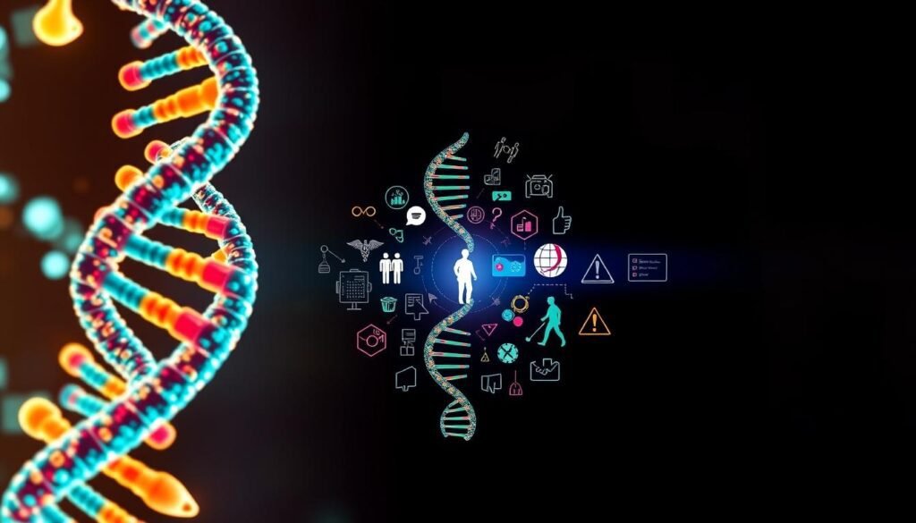 Uma imagem visualmente impressionante e informativa que descreve os benefícios e riscos da tecnologia CRISPR. Em primeiro plano, uma ilustração vibrante e detalhada mostra as capacidades precisas de edição genética do CRISPR, com fios coloridos de DNA e estruturas moleculares complexas. No meio termo, uma série de ícones e elementos infográficos destaca os possíveis avanços médicos, desde a cura doenças genéticas até o aprimoramento das habilidades humanas. Em segundo plano, uma atmosfera mais ameaçadora e agourenta, com figuras sombrias e sinais de alerta ameaçadores, representa as preocupações éticas e as conseqüências não intencionais dessa poderosa tecnologia. A iluminação é um equilíbrio de tons quentes e frios, criando uma sensação de tensão e equilíbrio. A composição geral é limpa, visualmente impressionante e comunica efetivamente a dualidade dos benefícios e riscos do CRISPR. Uma imagem visualmente impressionante e informativa que descreve os benefícios e riscos da tecnologia CRISPR. Em primeiro plano, uma ilustração vibrante e detalhada mostra as capacidades precisas de edição genética do CRISPR, com fios coloridos de DNA e estruturas moleculares complexas. No meio termo, uma série de ícones e elementos infográficos destaca os possíveis avanços médicos, desde a cura doenças genéticas até o aprimoramento das habilidades humanas. Em segundo plano, uma atmosfera mais ameaçadora e agourenta, com figuras sombrias e sinais de alerta ameaçadores, representa as preocupações éticas e as conseqüências não intencionais dessa poderosa tecnologia. A iluminação é um equilíbrio de tons quentes e frios, criando uma sensação de tensão e equilíbrio. A composição geral é limpa, visualmente impressionante e comunica efetivamente a dualidade dos benefícios e riscos do CRISPR.