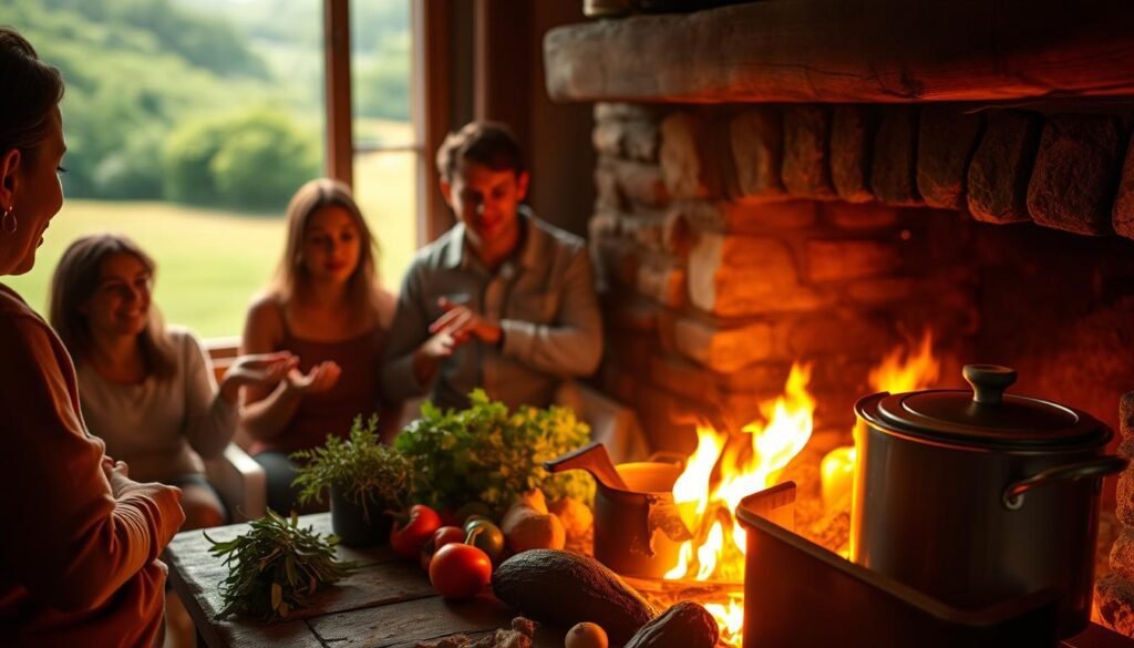Uma lareira aconchegante lança um brilho quente, iluminando uma cena de saúde e vitalidade humana. Em primeiro plano, uma família se reúne, enfrenta o Aglow, as mãos estendidas para aproveitar as chamas dançantes. No meio termo, uma lareira bem abastecida mostra a recompensa da natureza - ervas frescas, legumes e uma panela fervente, sugerindo as refeições nutritivas por vir. No fundo, uma paisagem exuberante e verdejante sugere o poder restaurador do mundo natural, com o fogo como uma ponte entre os elementos. O humor geral é de conforto, sustento e o papel fundamental do fogo no apoio ao bem -estar humano. Uma lareira aconchegante lança um brilho quente, iluminando uma cena de saúde e vitalidade humana. Em primeiro plano, uma família se reúne, enfrenta o Aglow, as mãos estendidas para aproveitar as chamas dançantes. No meio termo, uma lareira bem abastecida mostra a recompensa da natureza - ervas frescas, legumes e uma panela fervente, sugerindo as refeições nutritivas por vir. No fundo, uma paisagem exuberante e verdejante sugere o poder restaurador do mundo natural, com o fogo como uma ponte entre os elementos. O humor geral é de conforto, sustento e o papel fundamental do fogo no apoio ao bem -estar humano.