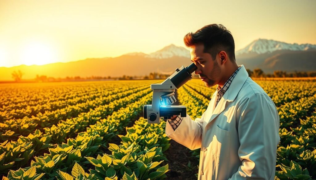 Uma paisagem agrícola exuberante e verdejante, banhada à luz solar quente e dourada. Em primeiro plano, um cientista em um casaco de laboratório branco examina uma amostra de colheita sob um microscópio de alta potência, o rosto cheio de concentração. Ao seu redor, fileiras de plantas prósperas e bem aprimoradas se estendem, suas folhas farfalhando suavemente em uma brisa suave. No meio termo, uma ferramenta de edição de genes de ponta do CRISPR paira, seus intrincados mecanismos lançando um brilho macio e azul. No fundo, as montanhas imponentes se elevam, seus picos tampelando com neve, criando um cenário sereno e inspirador. A cena geral transmite um senso de progresso científico, harmonia ambiental e o potencial transformador da tecnologia CRISPR no campo da agricultura sustentável. Uma paisagem agrícola exuberante e verdejante, banhada à luz solar quente e dourada. Em primeiro plano, um cientista em um casaco de laboratório branco examina uma amostra de colheita sob um microscópio de alta potência, o rosto cheio de concentração. Ao seu redor, fileiras de plantas prósperas e bem aprimoradas se estendem, suas folhas farfalhando suavemente em uma brisa suave. No meio termo, uma ferramenta de edição de genes de ponta do CRISPR paira, seus intrincados mecanismos lançando um brilho macio e azul. No fundo, as montanhas imponentes se elevam, seus picos tampelando com neve, criando um cenário sereno e inspirador. A cena geral transmite um senso de progresso científico, harmonia ambiental e o potencial transformador da tecnologia CRISPR no campo da agricultura sustentável.