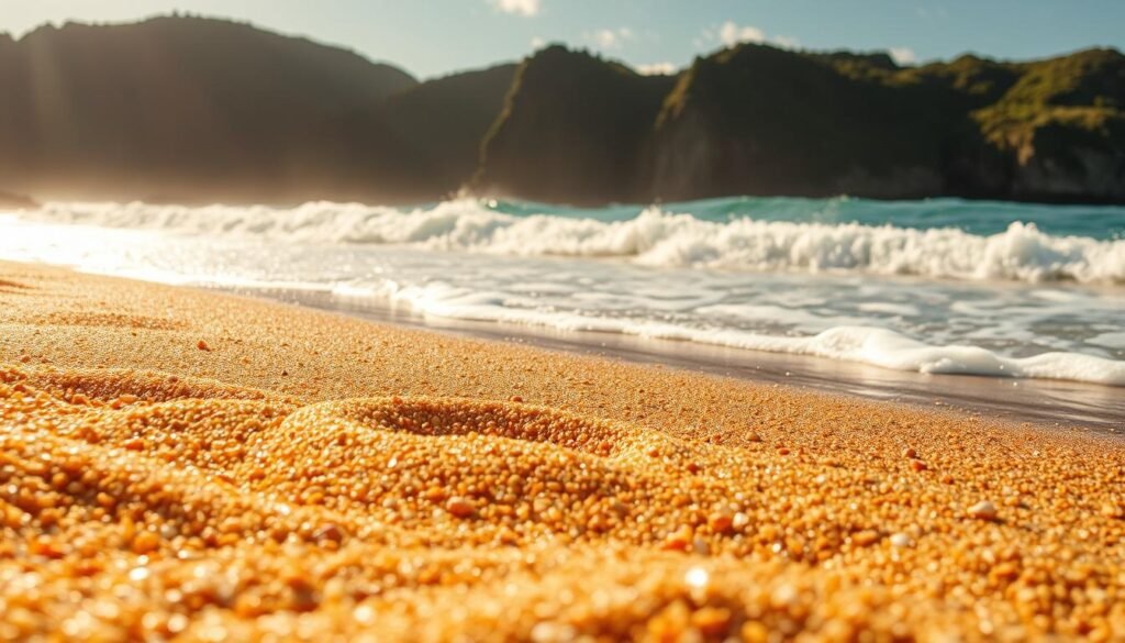 Uma paisagem costeira pitoresca, capturando a essência de "radiometria praias" (radiometria da praia). Em primeiro plano, os grãos de areia brilham sob a luz solar quente e dourada, suas intrincadas texturas e tons meticulosamente renderizados. O meio termo apresenta ondas enroladas lambendo suavemente a costa, seus movimentos capturados em uma mistura perfeita de realismo e beleza etérea. No fundo, uma vista panorâmica de penhascos e folhagens exuberantes e verdejantes enquadram a cena, criando uma sensação de grandeza atemporal. A iluminação é natural e macia, lançando sombras sutis e destaques que acentuam a profundidade tridimensional da composição. O ângulo da câmera é um pouco elevado, oferecendo uma perspectiva panorâmica e abrangente que convida o espectador a mergulhar no mundo tranquilo e cativante da costa brasileira.