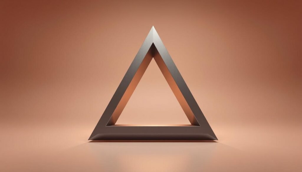 Uma renderização tridimensional detalhada do icônico triângulo de Penrose, uma impossibilidade geométrica que desafia as leis da perspectiva. O triângulo é retratado em um estilo fotorrealista meticulosamente criado, com linhas precisas, sombreamento sutil e uma sensação de profundidade que desafia a percepção do espaço do espectador. A cena é iluminada por uma fonte de luz quente e direcional, lançando sombras dramáticas que acentuam a forma impossível do triângulo. O fundo é um ambiente sereno e minimalista, permitindo que o triângulo de Penrose ocupe o centro do palco e captura a atenção do espectador. A atmosfera geral é de intriga e fascínio visual, convidando o público a explorar a natureza paradoxal dessa ilusão geométrica icônica.