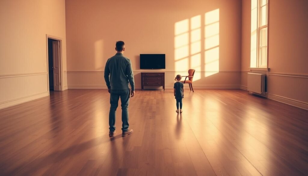 Uma sala grande e distorcida com uma ilusão de perspectiva de estilo Ames. O chão e as paredes são levemente angulares, criando um espaço deformado e assimétrico. Duas figuras humanas, uma maior e uma menor, ficam na sala, seus tamanhos exagerados pela geometria distorcida. A iluminação quente e natural inunda a cena, lançando longas sombras que acentuam a ilusão. A sala é escassamente mobiliada, com alguns adereços simples, como uma cadeira ou mesa para aterrar a cena. A atmosfera geral é de truque visual, destacando a tendência do cérebro de interpretar mal as pistas espaciais.
