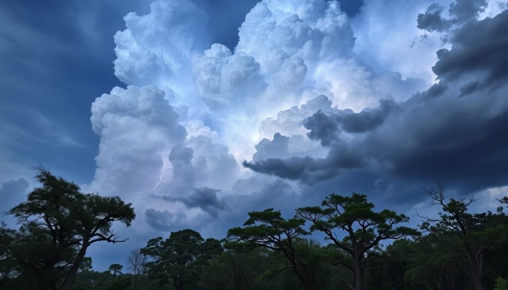 Uma tempestade dramática se enfurece com uma paisagem florestal tranquila. As nuvens de Cumulonimbus imponentes aparecem ameaçadoramente ao fundo, seus picos irregulares iluminados por rajadas de raios brancos de outro mundo. Em primeiro plano, as árvores antigas balançam no vento uivante, seus galhos lançando sombras dramáticas no chão da floresta abaixo. O ar é grosso com o perfume de ozônio, como um bando de trovões rumores e pesados de baixo ecoa em toda a cena, uma prova do poder cru e indomável da fúria elétrica da natureza. Capturado com uma lente grande angular para enfatizar a escala e a grandeza do momento, essa imagem transmite a essência primordial e inspiradora de uma tempestade-o som sublime e a fúria dos céus acima.