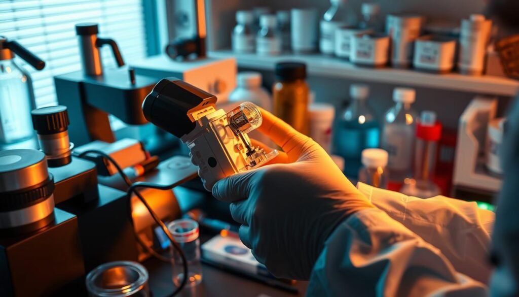 Uma visão clínica das mãos de um cientista manipulando uma ferramenta de edição de genes CRISPR-CAS9 contra um cenário de equipamentos científicos, tubos de teste e materiais de pesquisa médica. A cena é banhada em uma iluminação suave e quente que destaca os complexos detalhes do dispositivo CRISPR. O humor geral é de concentração focada e a promessa de avanços médicos, transmitindo o potencial dessa poderosa tecnologia genética para transformar o campo da medicina. Uma visão clínica das mãos de um cientista manipulando uma ferramenta de edição de genes CRISPR-CAS9 contra um cenário de equipamentos científicos, tubos de teste e materiais de pesquisa médica. A cena é banhada em uma iluminação suave e quente que destaca os complexos detalhes do dispositivo CRISPR. O humor geral é de concentração focada e a promessa de avanços médicos, transmitindo o potencial dessa poderosa tecnologia genética para transformar o campo da medicina.