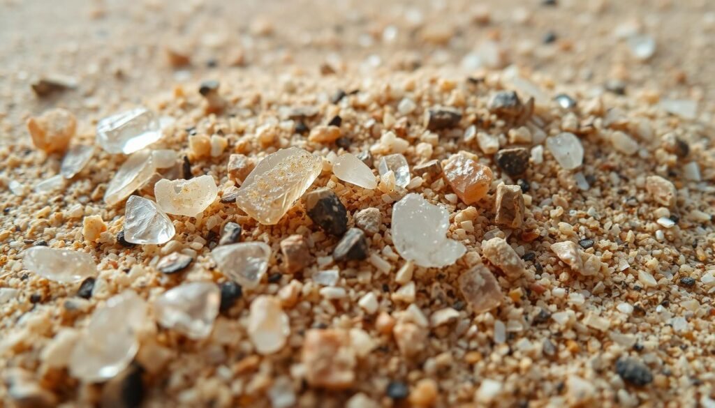 Uma visão clínica de uma variedade diversificada de grãos de areia, capturando os detalhes intrincados e cores ricas que contam a história geológica de suas origens. O primeiro plano mostra uma variedade de cristais de quartzo, variando de tonalidades translúcidas a esfumaçadas e leitosas, intercaladas com fragmentos minerais mais escuros. O meio termo revela a interação de partículas de areia mais claras e escuras, sugerindo a complexa composição das areias da praia. No fundo, um gradiente sutil combina os grãos em uma textura natural e macia, evocando a extensão sem fim de uma costa arenosa. Capturado sob uma iluminação suave e uniforme que acentua as formas e texturas únicas de cada grão de areia, esta imagem convida o espectador a explorar as complexidades ocultas dentro da substância aparentemente simples que forma as praias.