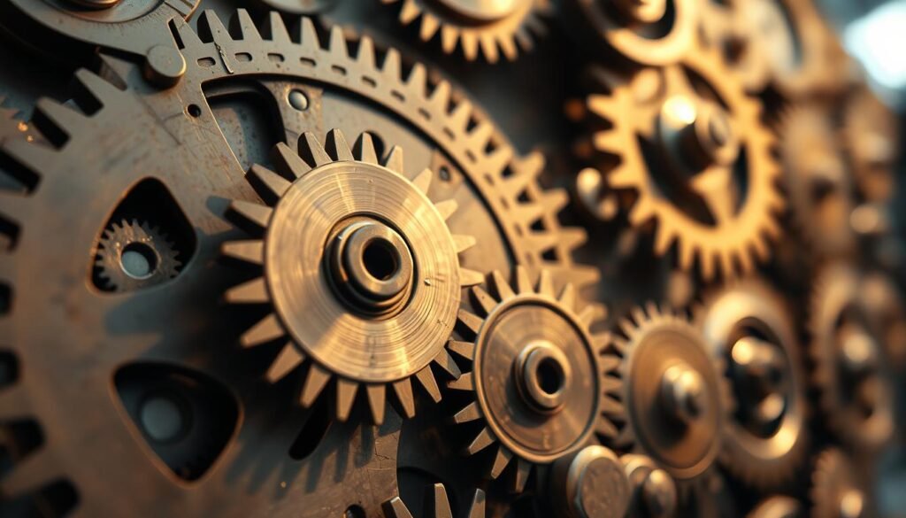 Uma visão detalhada de close das engrenagens e engrenagens complexas de um computador analógico antigo, o mecanismo antikythera. A câmera está posicionada baixa, capturando as camadas complexas e entrelaçando os componentes de metal finamente criados. A iluminação quente e suave destaca as delicadas texturas e imperfeições sutis, transmitindo um senso de idade e habilidade. O primeiro plano apresenta as engrenagens maiores e mais proeminentes, enquanto o fundo desaparece gradualmente em uma variedade nebulosa e fora de foco de engrenagens menores, criando uma sensação de profundidade e complexidade. O humor geral é de admiração e curiosidade científica, convidando o espectador a refletir sobre a notável ingenuidade deste dispositivo de 2.000 anos.