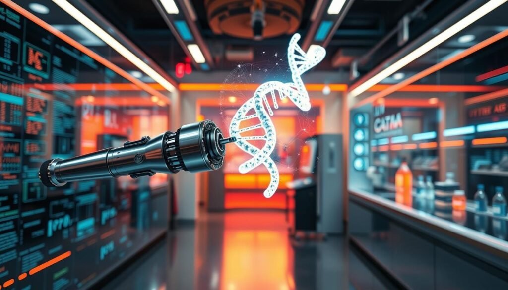 Uma visão futurista do CRISPR, a revolucionária ferramenta de edição de genes, cintilando com uma estética elegante e metálica. Em primeiro plano, um instrumento de precisão paira, seus intrincados mecanismos preparados para manipular os mesmos blocos de construção da vida. No meio termo, uma tela holográfica mostra uma hélice de DNA, seus fios brilhando com o potencial de avanços médicos e engenharia genética. O pano de fundo é um caleidoscópio de fluxos de dados, diagramas científicos e um pano de fundo de um laboratório brilhante e de alta tecnologia, sugerindo a pesquisa e a inovação de ponta que moldarão o futuro da CRISPR e da edição genética. A cena irradia uma sensação de admiração, admiração e as possibilidades ilimitadas dessa tecnologia transformadora. Uma visão futurista do CRISPR, a revolucionária ferramenta de edição de genes, cintilando com uma estética elegante e metálica. Em primeiro plano, um instrumento de precisão paira, seus intrincados mecanismos preparados para manipular os mesmos blocos de construção da vida. No meio termo, uma tela holográfica mostra uma hélice de DNA, seus fios brilhando com o potencial de avanços médicos e engenharia genética. O pano de fundo é um caleidoscópio de fluxos de dados, diagramas científicos e um pano de fundo de um laboratório brilhante e de alta tecnologia, sugerindo a pesquisa e a inovação de ponta que moldarão o futuro da CRISPR e da edição genética. A cena irradia uma sensação de admiração, admiração e as possibilidades ilimitadas dessa tecnologia transformadora.