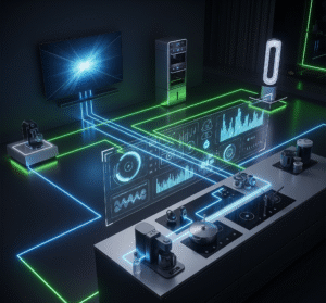Ilustração futurista de eletrodomésticos conectados por energia digital, representando cálculo de consumo elétrico.