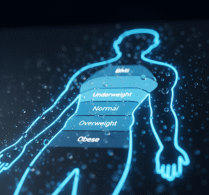 Silhueta humana com indicadores de IMC e gotas de água, simbolizando saúde, peso ideal e hidratação diária.