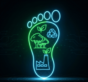 Pegada digital iluminada com ícones de árvores, reciclagem e indústria, representando a pegada de carbono e sustentabilidade.