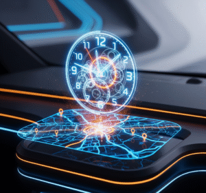 Relógio holográfico sobre mapa digital iluminado, ilustrando cálculo de tempo de viagem por distância e transporte.